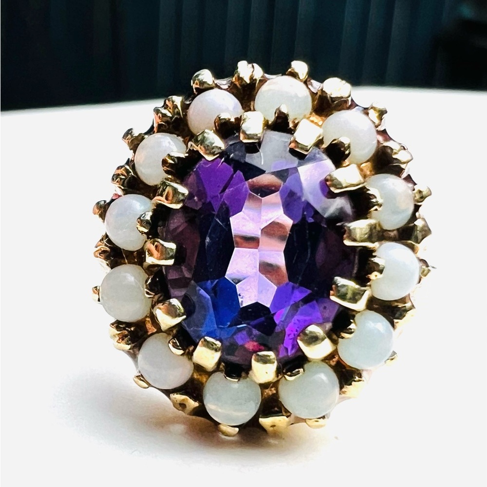 Vintage Amethyst and Seed Opal 10k Gold Ring Size 5.5/6 Estate Hallmarked - Picture 4 of 16